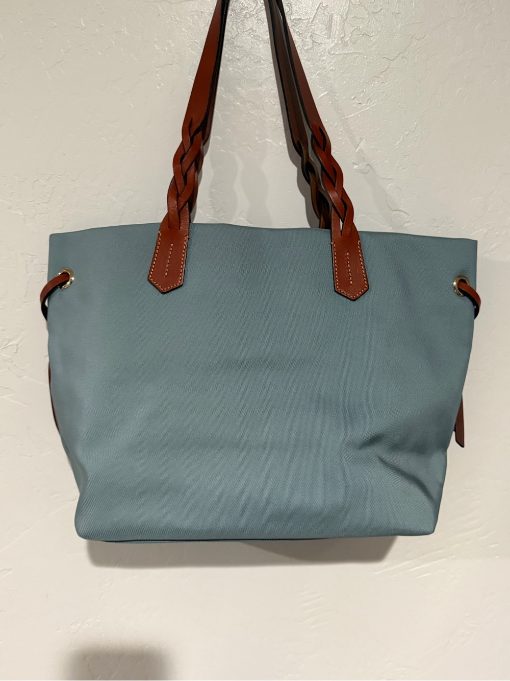 Dooney & Bourke Blue Nylon Tote Bag Braided Leather Straps Red Lining Large - Picture 6 of 13